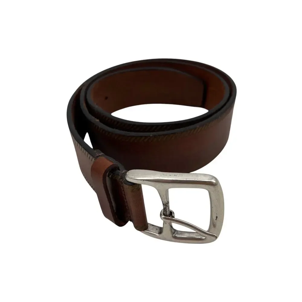 Cole Haan Belt Mens 34 Brown Leather Silver Center Bar Pin Buckle Dress Casual